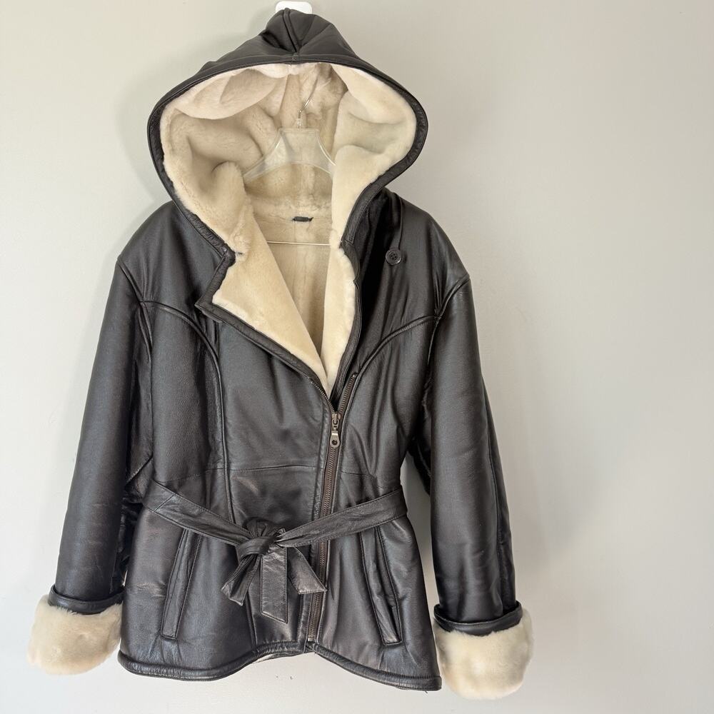 Wilsons Leather Brown Faux Fur Lining Jacket Hooded Size M Tie Waist Zip